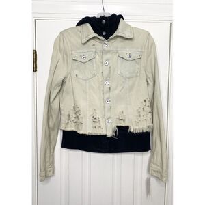 Free People Women's Double Weave Denim Jacket Very Distressed‎ Navy White XS New